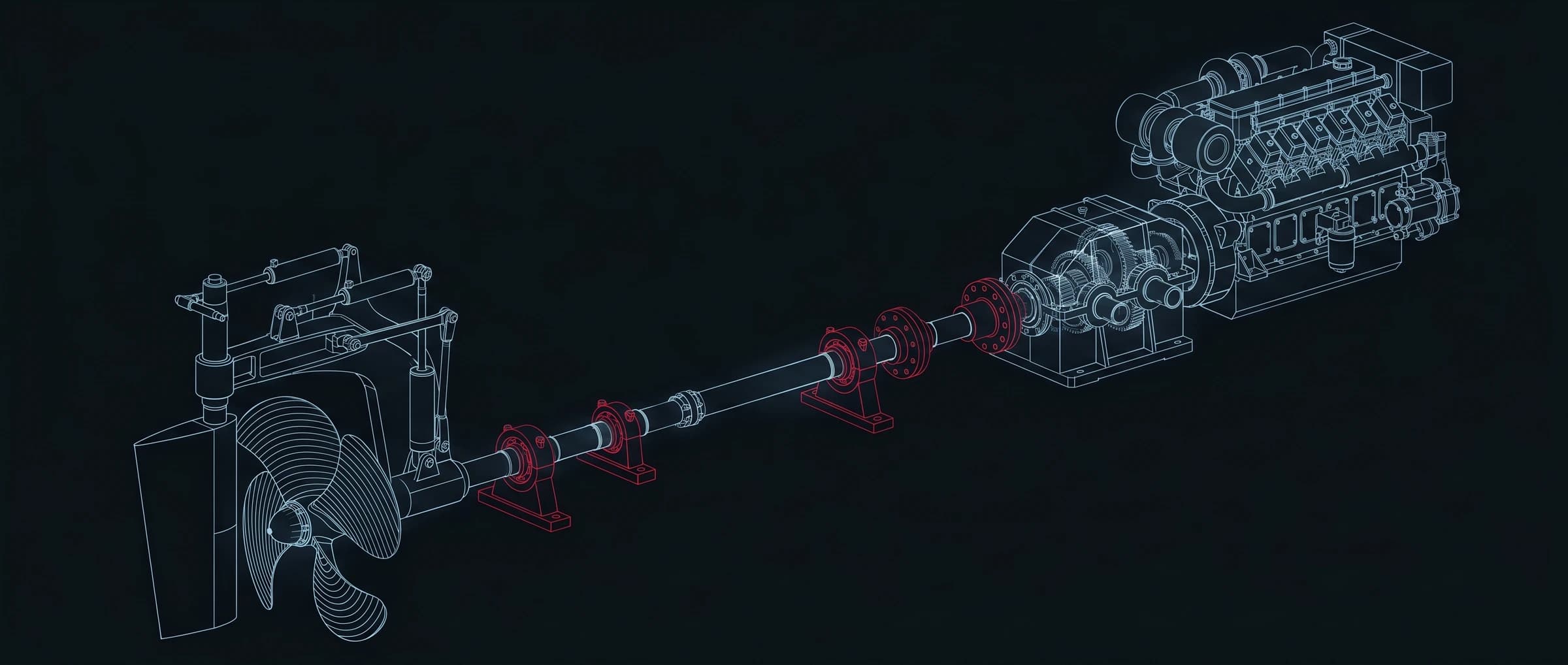 Ship propulsion system blueprint: marine diesel engine, gearbox, shaft line with bearings, stern tube, propeller, and rudder with steering gear
